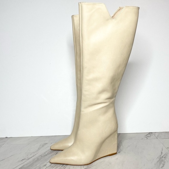 Schutz Asya Up Eggshell Leather Pointy Toe Wedge Tall Boot 6 1/2 B - Picture 1 of 16